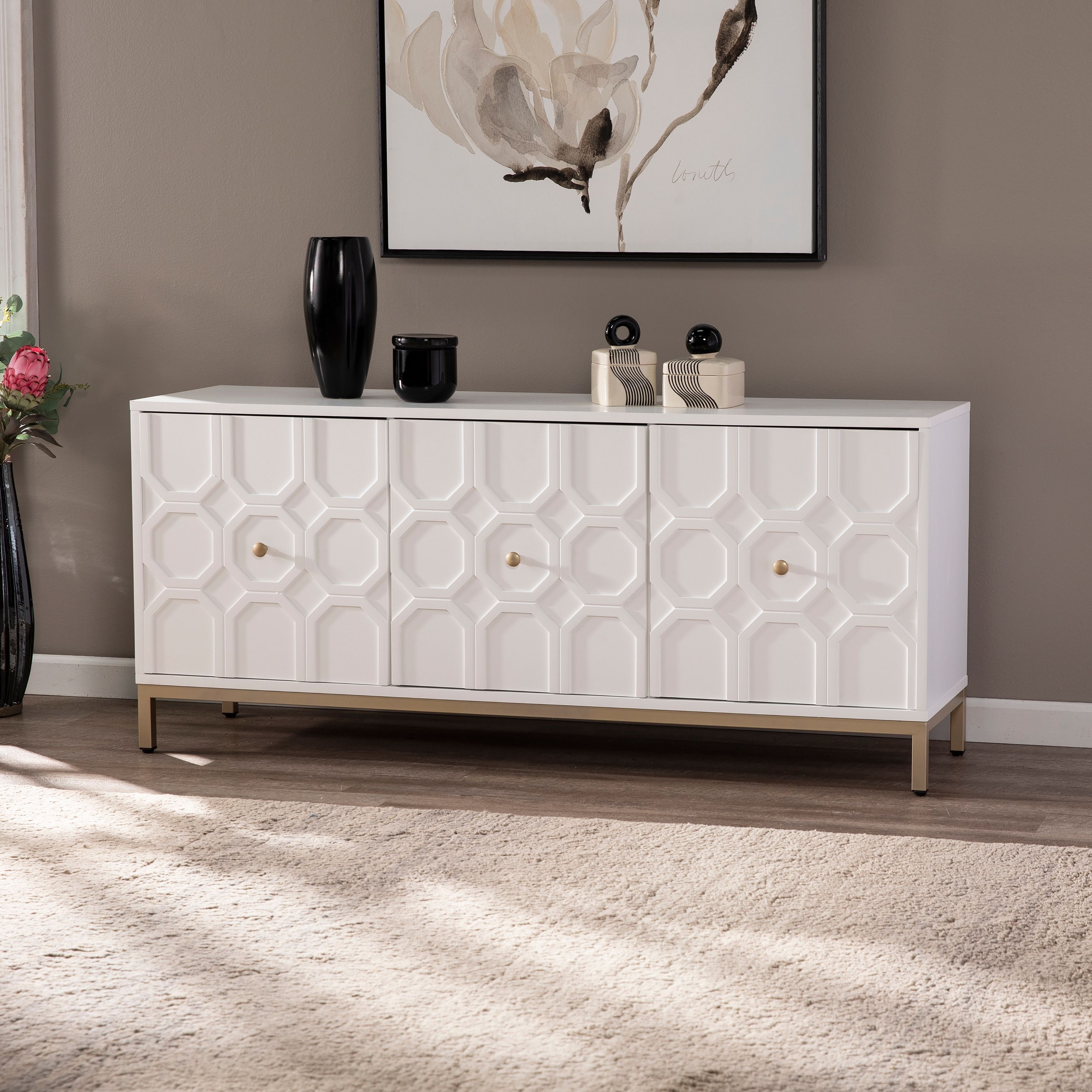 Sei Furniture Gliday Contemporary White Wood 3 Door Buffet Sideboard Accent  Cabinet – On Sale – Bed Bath & Beyond – 30217877 Intended For Latest Sideboards Accent Cabinet (View 2 of 15)