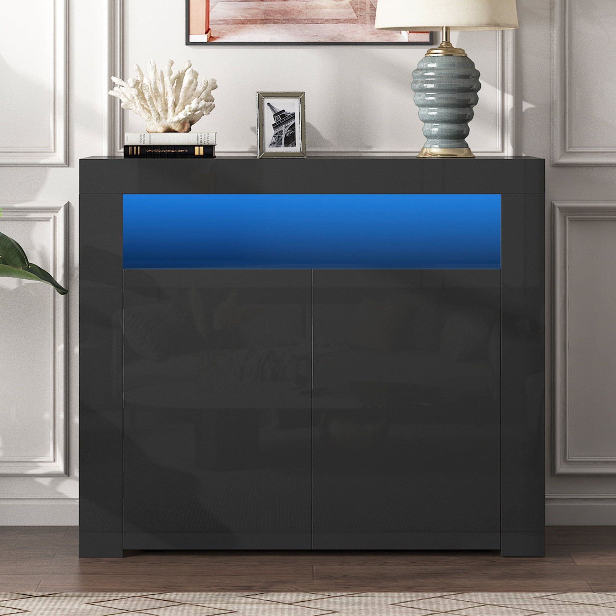 Seventh Sideboard Buffet Cabinet, High Gloss Wood Sideboard Cupboard With Led  Lights And Shelves, Kitchen Storage Server Table With Open Space, Modern  Dining Room Sideboards And Buffets, Black – Walmart Regarding Newest Sideboards With Led Light (Photo 1 of 15)