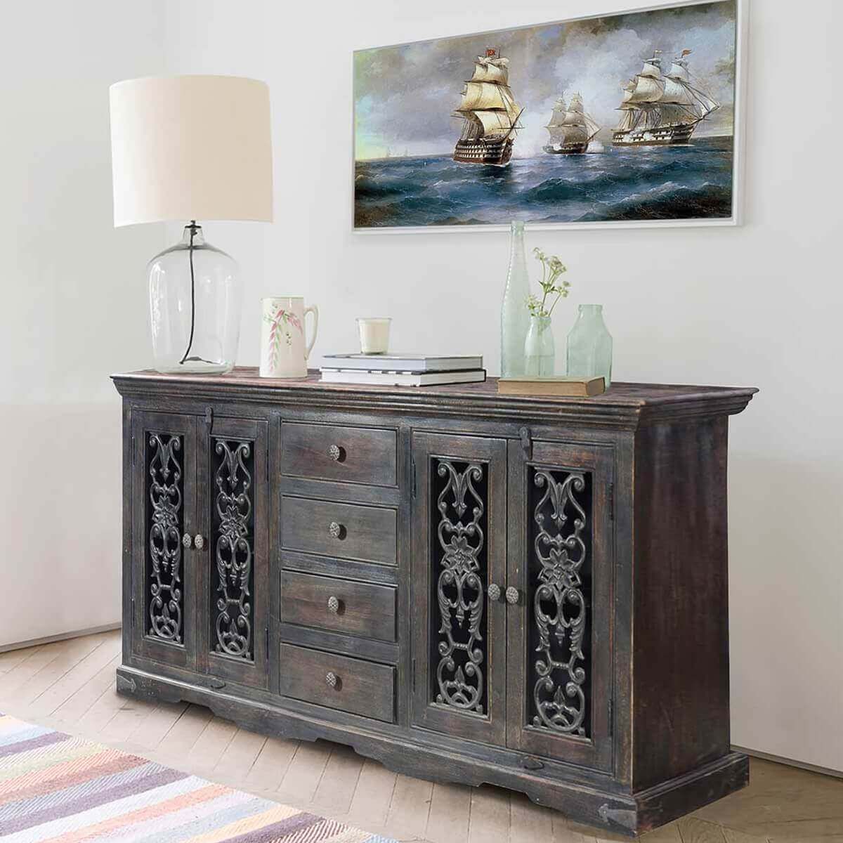 Smokey Grey Traditional Rustic Solid Wood 4 Drawer Large Sideboard Intended For Most Recent Gray Wooden Sideboards (Photo 13 of 15)