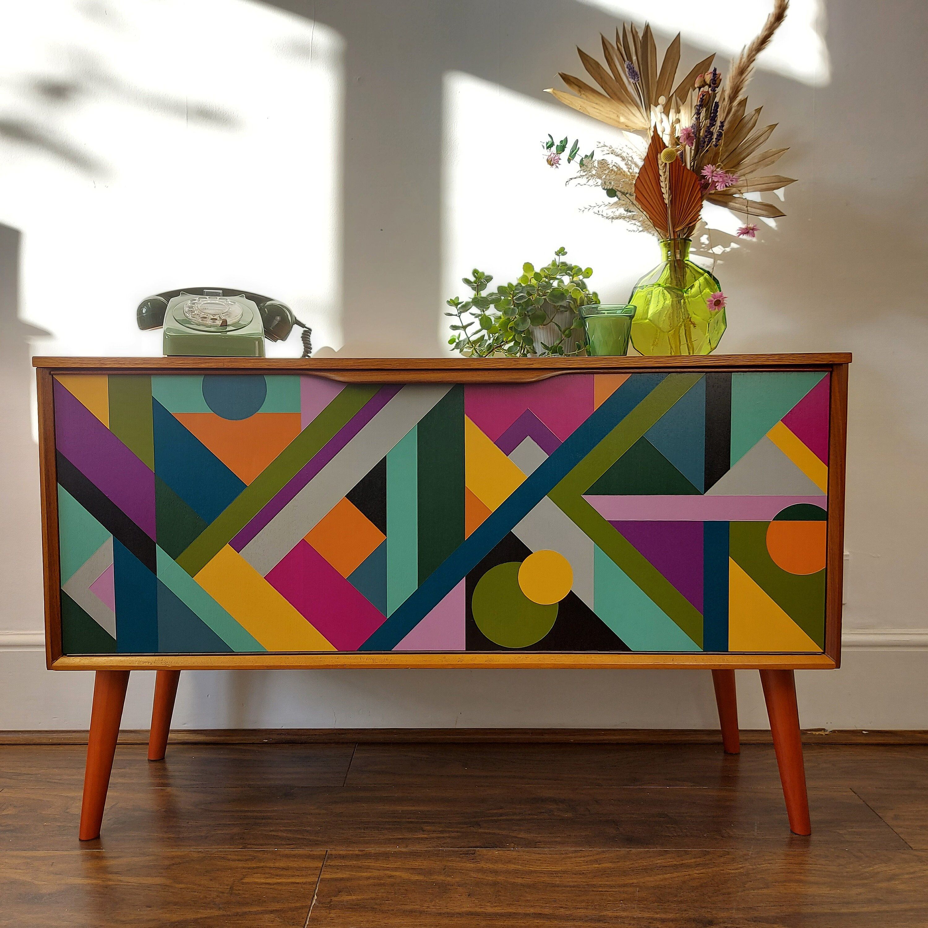 Sold Geometric Sideboard Hand Painted Credenza Up Cycled – Etsy Inside Most Recently Released Geometric Sideboards (View 10 of 15)