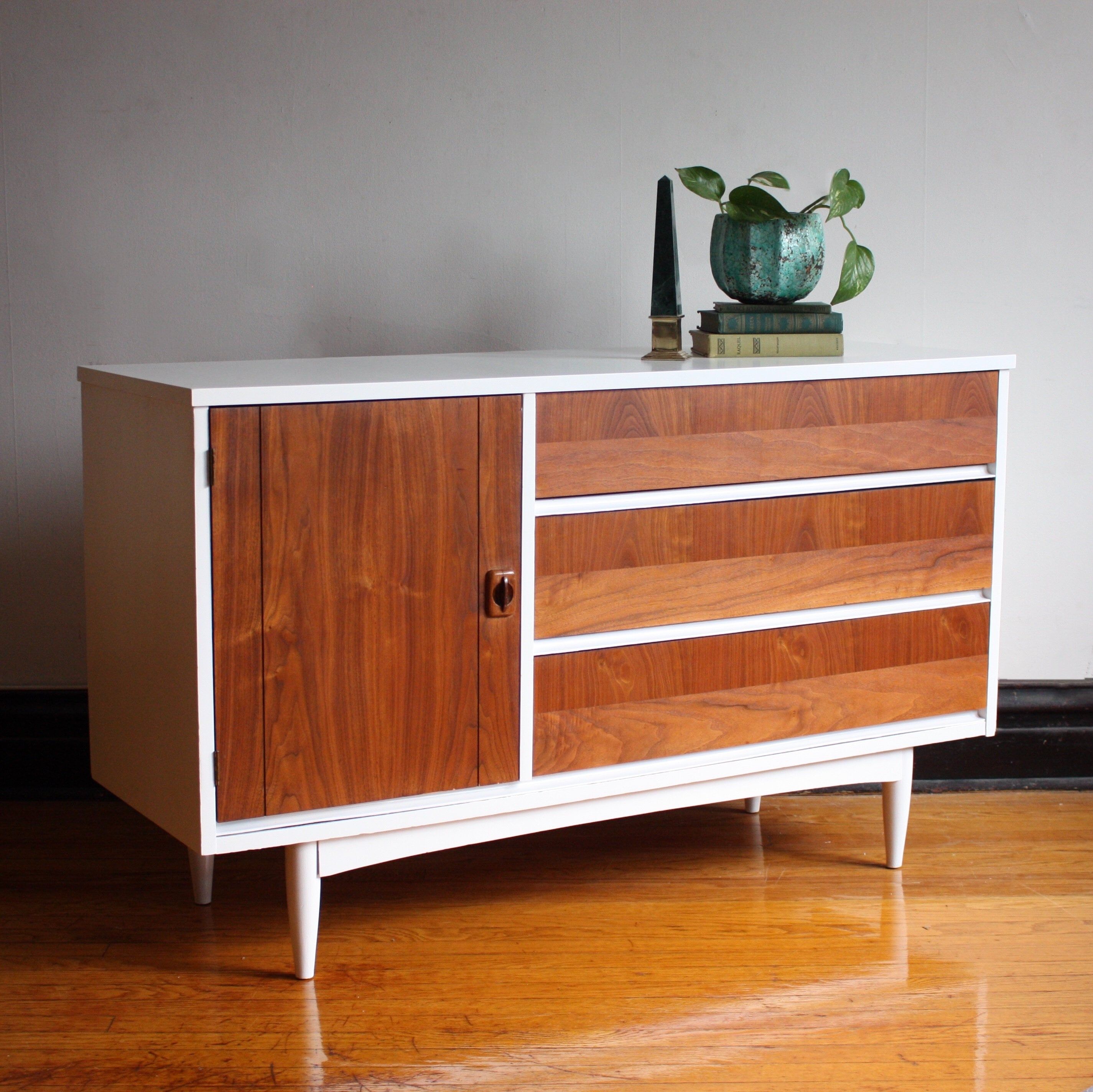 Soldwhite And Wood Mid Century Modern Credenza//mcm Media – Etsy With Most Current Mid Century Modern White Sideboards (View 14 of 15)