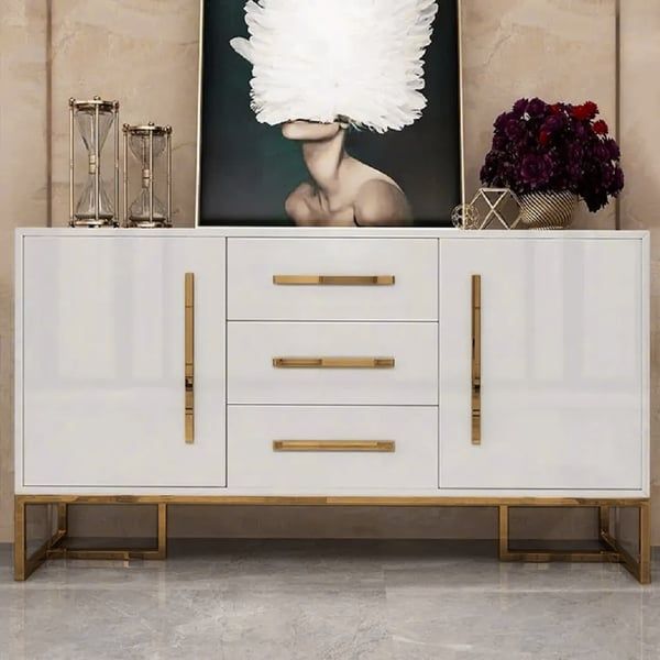 Stovf Modern 47" White Buffet 2 Doors & 3 Drawers Kitchen Storage Sideboard  Cabinet Gold Homary Pertaining To 2018 3 Drawer Sideboards (View 8 of 15)