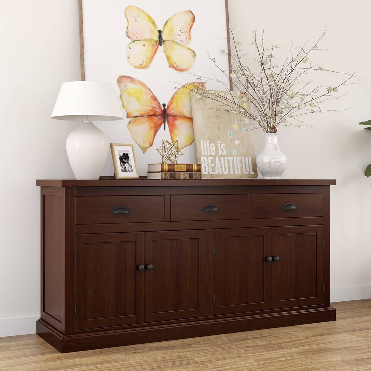 Tannersville Solid Mahogany Wood 3 Drawer Large Sideboard Cabinet Intended For Most Popular 3 Drawers Sideboards Storage Cabinet (View 10 of 15)