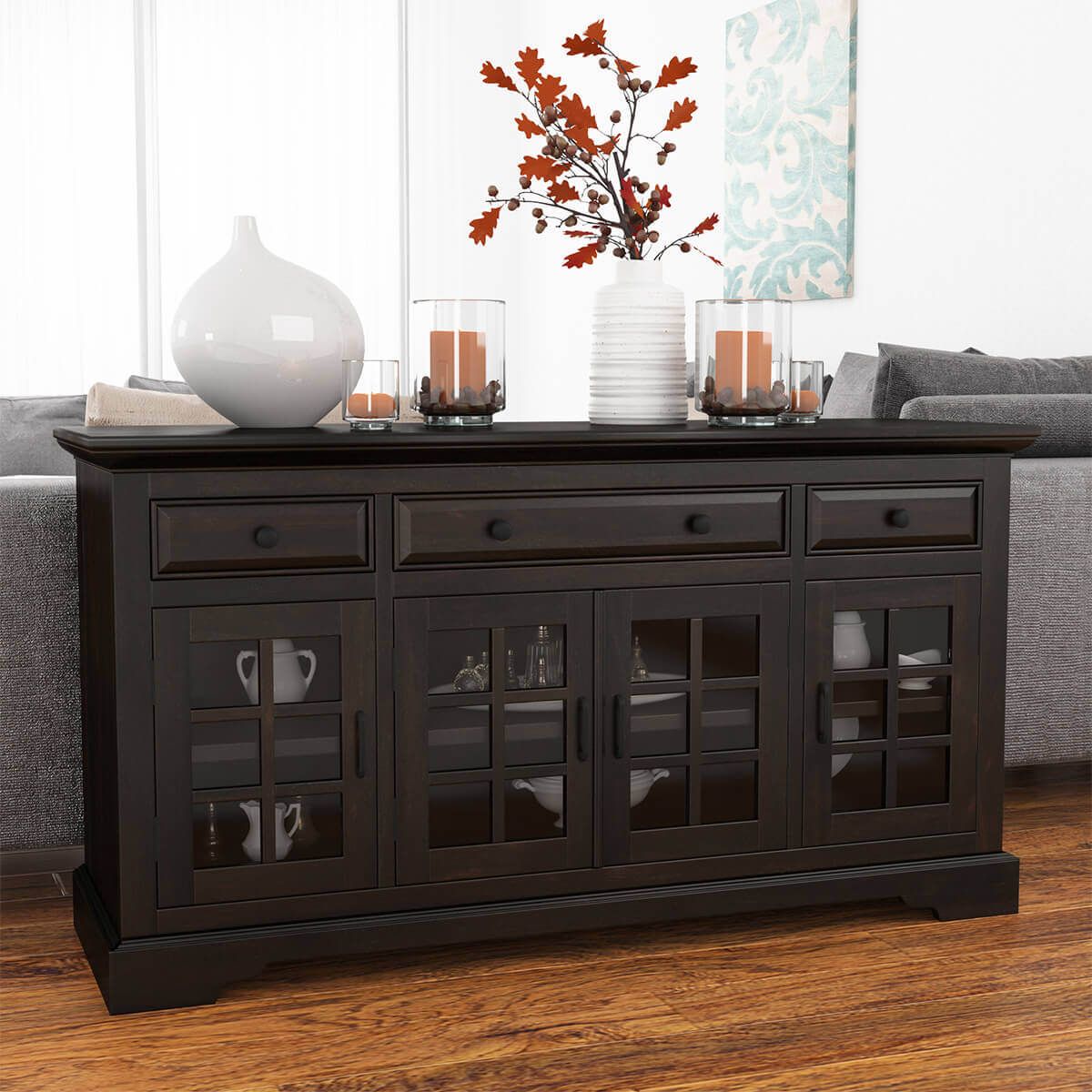 Tirana Rustic Solid Wood Glass Door 3 Drawer Large Sideboard Cabinet For Current 3 Drawer Sideboards (View 4 of 15)