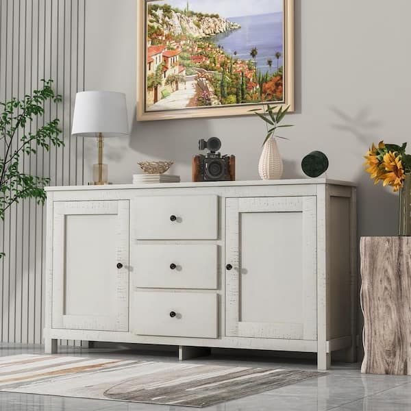Urtr Antique White Retro Buffet Sideboard Storage Cabinet With 2 Cabinets  And 3 Drawers, Large Storage Spaces For Dining Room T 01233 K – The Home  Depot For Most Recently Released 3 Drawers Sideboards Storage Cabinet (Photo 2 of 15)