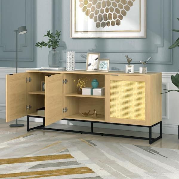 Urtr Wicker Natural Sideboard Storage Cabinet With 3 Doors, Wooden Mdf Console  Table Kitchen Dining Room Storage Cupboard T 01374 – The Home Depot In 2018 Sideboards Cupboard Console Table (View 2 of 15)