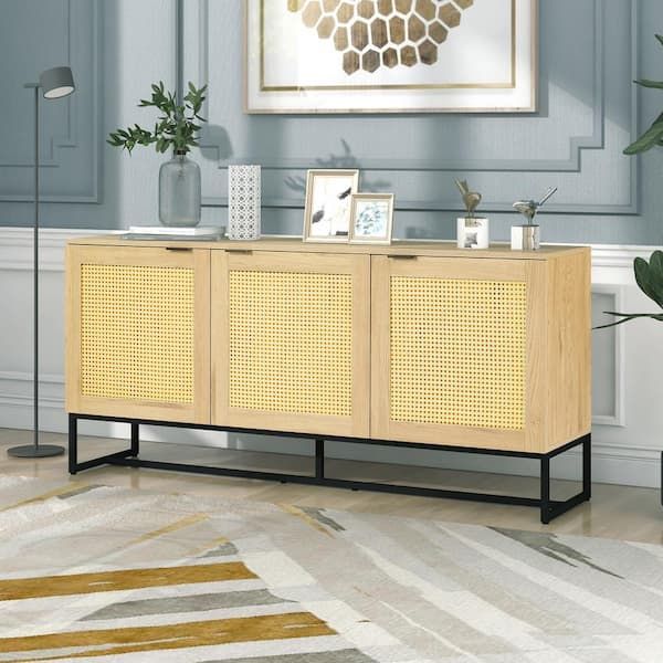 Urtr Wicker Natural Sideboard Storage Cabinet With 3 Doors, Wooden Mdf Console  Table Kitchen Dining Room Storage Cupboard T 01374 – The Home Depot Throughout Current Sideboards Cupboard Console Table (View 10 of 15)