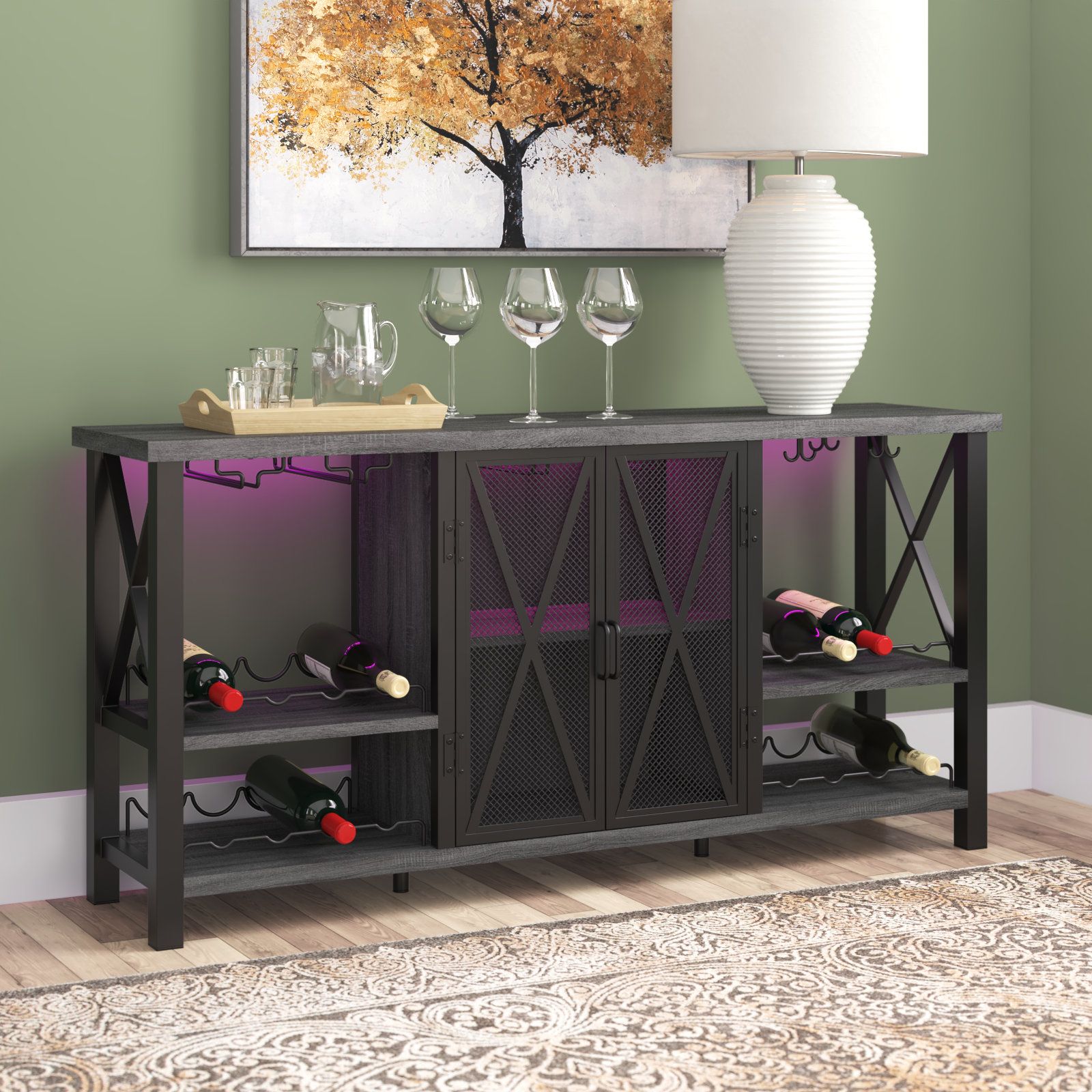 Wade Logan® Sideboard With Led Light And Wine Cabinet & Reviews | Wayfair Within Latest Sideboards With Breathable Mesh Doors (Photo 8 of 15)