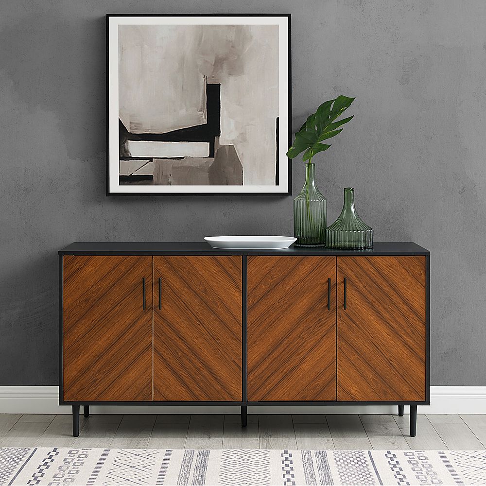 Walker Edison 58” Mid Century Modern Faux Bookmatch Buffet Acorn Bookmatch  / Solid Black Bbu58hpbmacbsb – Best Buy Within Best And Newest Sideboards Bookmatch Buffet (Photo 2 of 15)