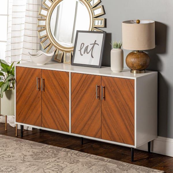 Walker Edison Furniture Company Hampton 58 In. Solid White And Teak Bookmatch  Buffet Stand Hdu58hpbmwht – The Home Depot Throughout Newest Sideboards Bookmatch Buffet (Photo 1 of 15)