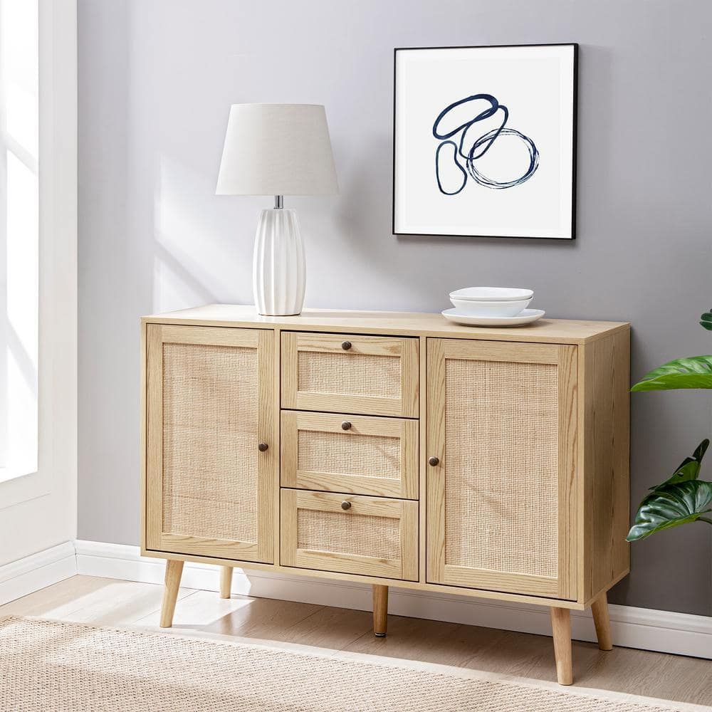 Welwick Designs Natural Wood And Rattan Boho Sideboard With 2 Doors And  3 Drawers Hd9143 – The Home Depot Within Most Popular Assembled Rattan Sideboards (Photo 15 of 15)