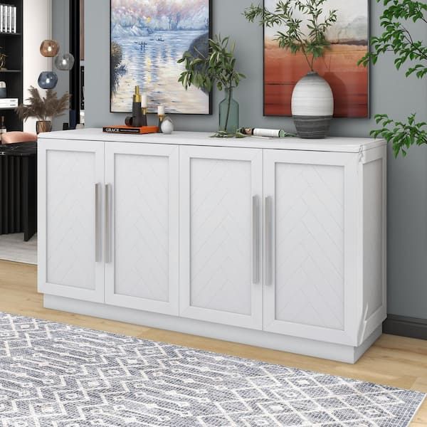 White Wood 60 In. 4 Doors Sideboard Buffet Cabinet With Adjustable Shelves  And Large Storage Space Fy Xw000013aak – The Home Depot Inside Most Up To Date Sideboards With Adjustable Shelves (Photo 2 of 15)