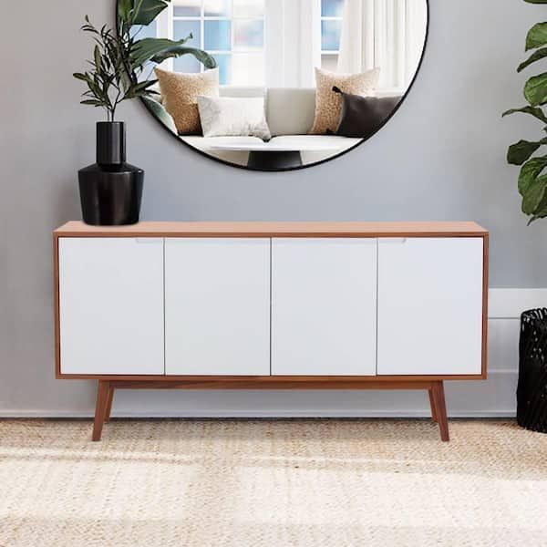 Zeus & Ruta Walnut Wood And White Buffet Table With 4 Doors 2 Adjustable  Shelves Solid Wood Legs Mid Century Modern Console Table Ssi211209 – The  Home Depot With Regard To Most Current Mid Century Modern White Sideboards (Photo 13 of 15)