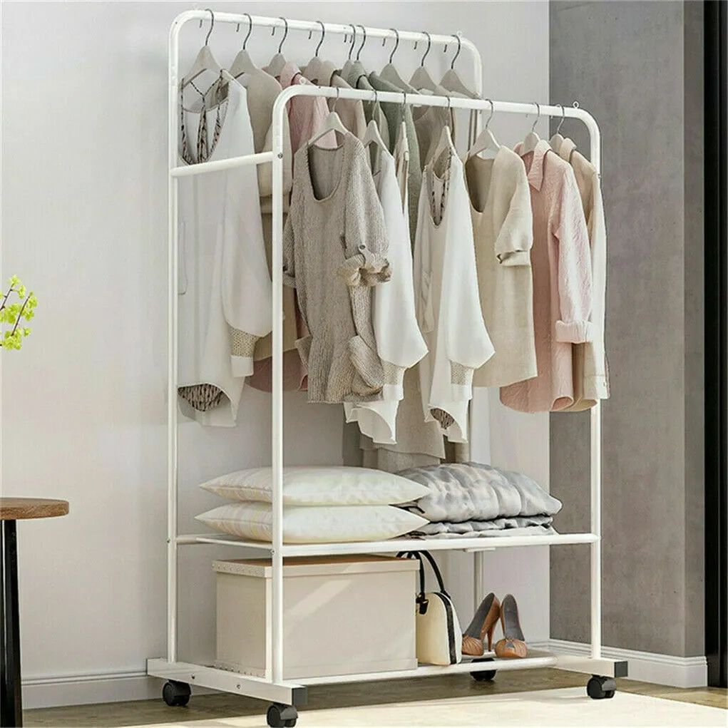 1.5m Large Clothes Rack Double Rail Rolling Stand Shoes Rack Storage Shelf  White | Ebay In Double Up Wardrobes Rails (Photo 1 of 15)