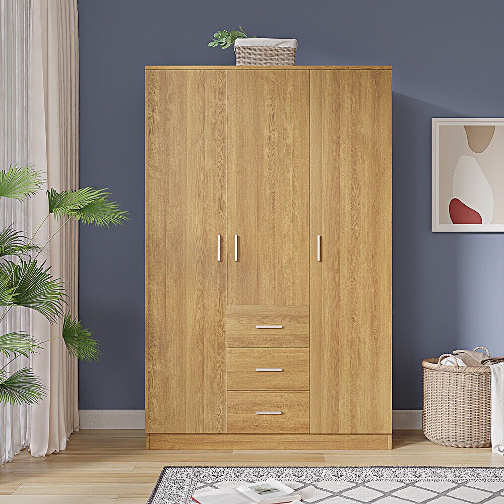 180cm Wooden 3 Door Wardrobe With 3 Drawers Bedroom Storage Hanging Bar  Clothes | Ebay For Wardrobes With 3 Hanging Rod (View 13 of 15)