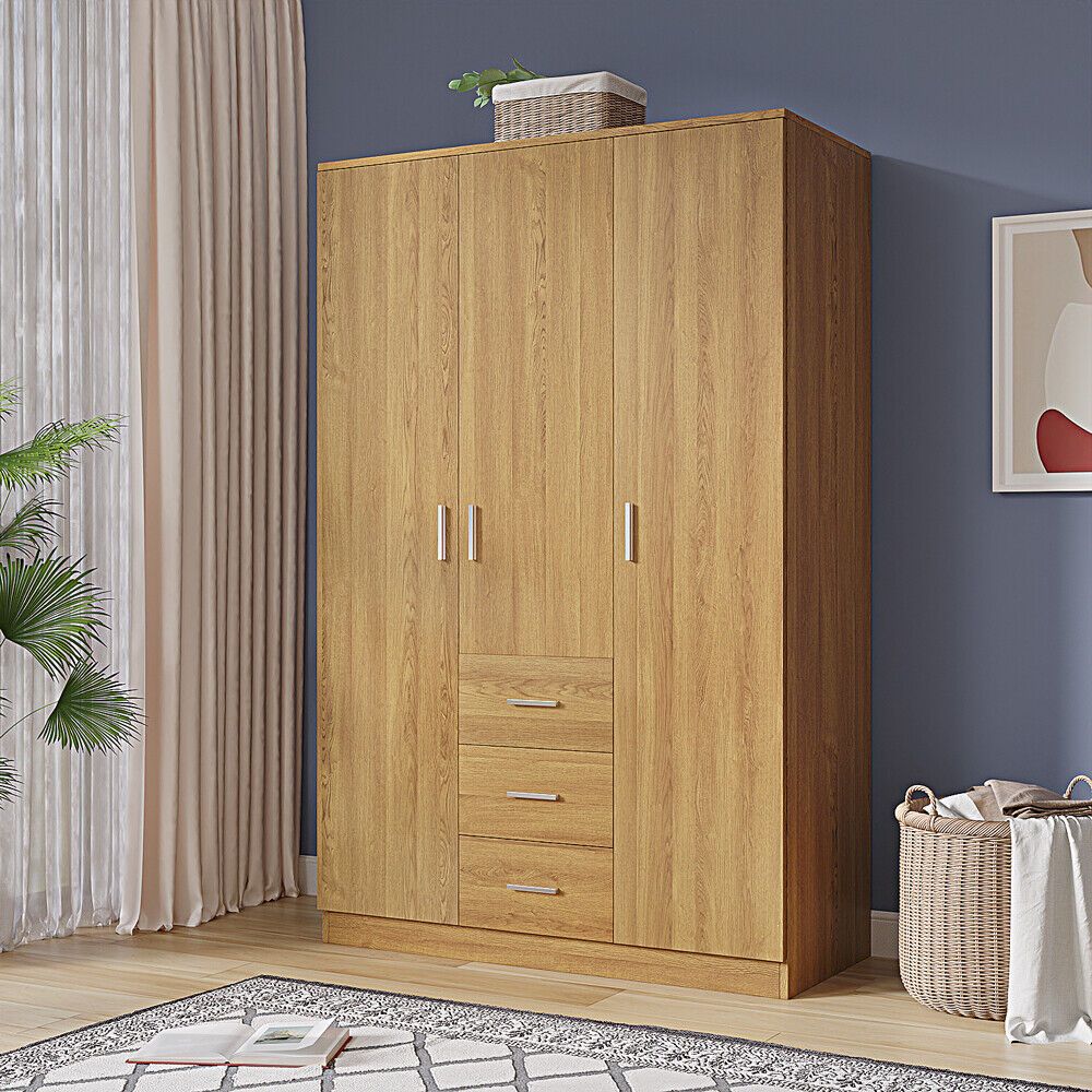 180cm Wooden 3 Door Wardrobe With 3 Drawers Bedroom Storage Hanging Bar  Clothes | Ebay In Wardrobes With 3 Hanging Rod (Photo 6 of 15)