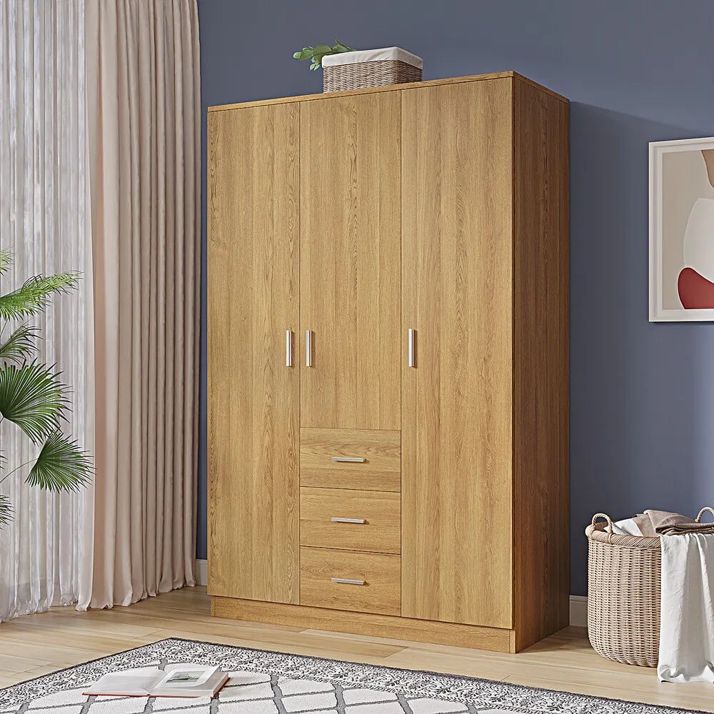 180cm Wooden 3 Door Wardrobe With 3 Drawers Bedroom Storage Hanging Bar  Clothes | Ebay With Regard To Oak 3 Door Wardrobes (Photo 12 of 15)