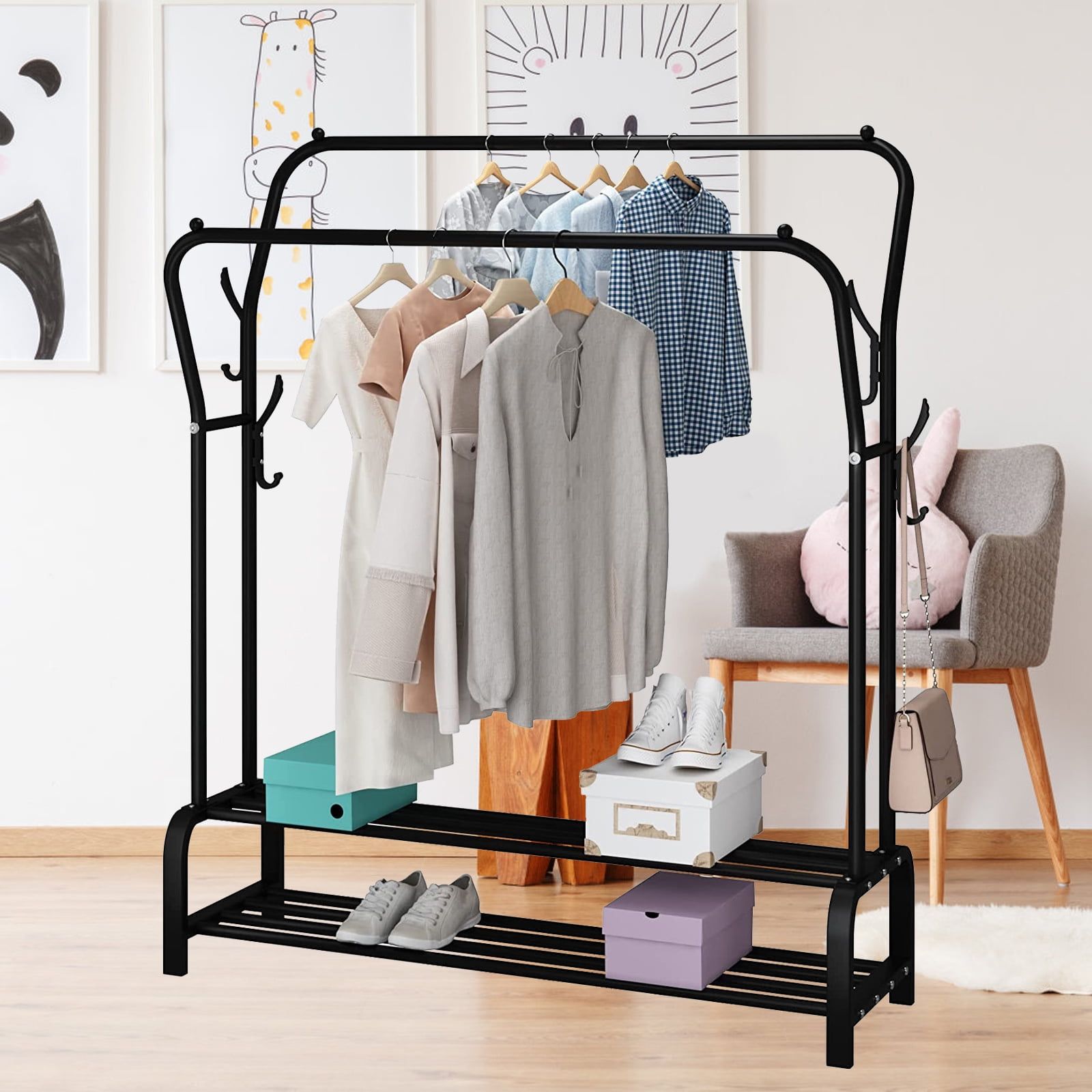 2 Tier Clothes Rack,double Rod Rail Garment Rack,metal Freestanding  Clothing Rack With 6 Hangers For Bedroom, Black – Walmart Inside Double Black Covered Tidy Rail Wardrobes (Photo 1 of 15)