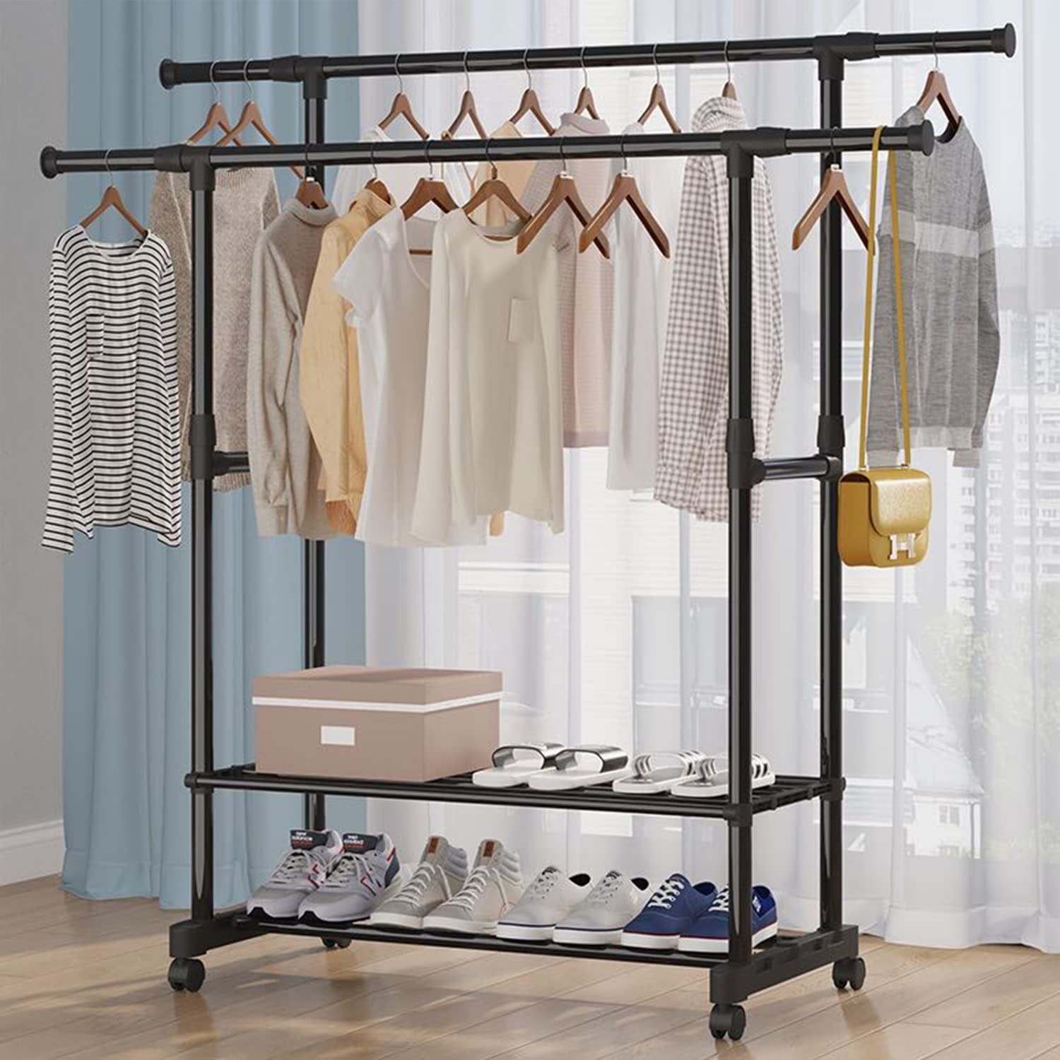 2 Tiers Clothes Rack, Double Rails Rolling Garment Rack, Clothes Rack Or  Hanging Rack, Double Rods Clothing Rack With Bottom Sheves For Shoes, Black  – Walmart Within Double Black Covered Tidy Rail Wardrobes (Photo 12 of 15)
