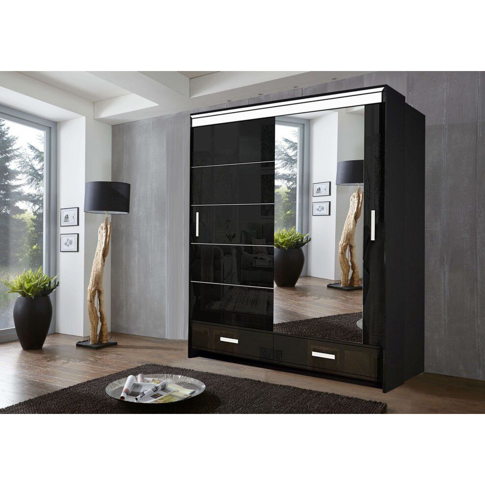 205 Cm, Black) Florence High Gloss Sliding Door Wardrobe On Onbuy With Gloss Black Wardrobes (Photo 14 of 15)