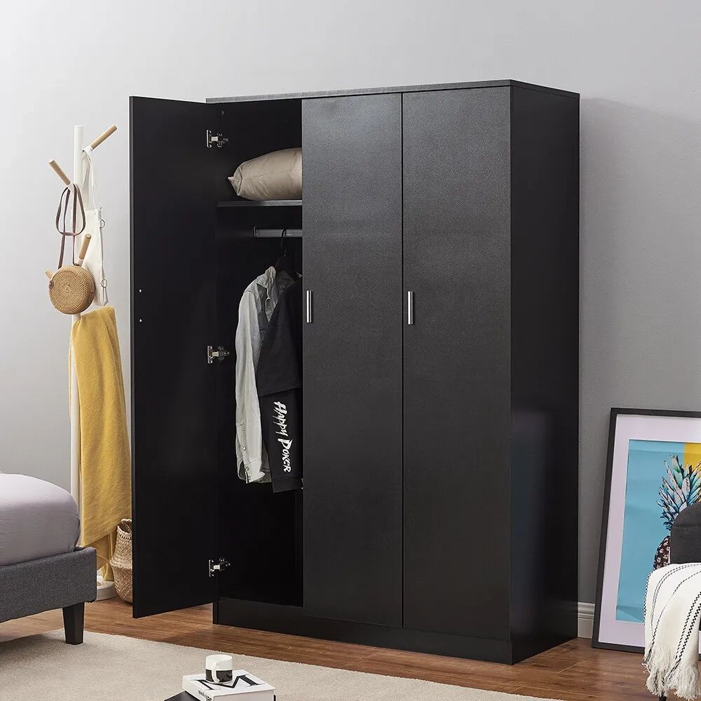 3 Door Triple Wardrobe Black – Bedroom Furniture W Hanging Rail &  Storage Shelf | Ebay Intended For Large Black Wardrobes (View 14 of 15)