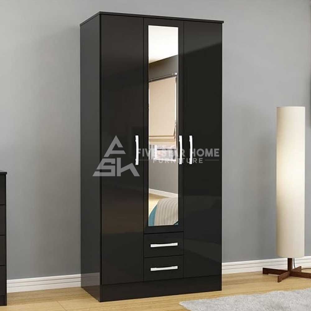 3 Door Wardrobe In Black High Gloss With Mirrored Pertaining To 3 Door Black Gloss Wardrobes (View 8 of 15)