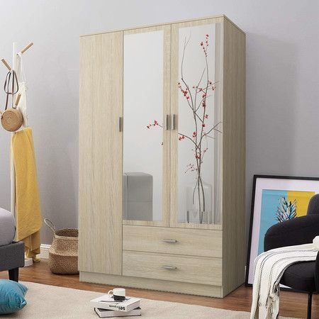 3 Door Wardrobe Oak Mirrored Dresser Cabinet With Large Drawers Shelves  Hanging Space Within 3 Door Wardrobes With Drawers And Shelves (View 10 of 15)