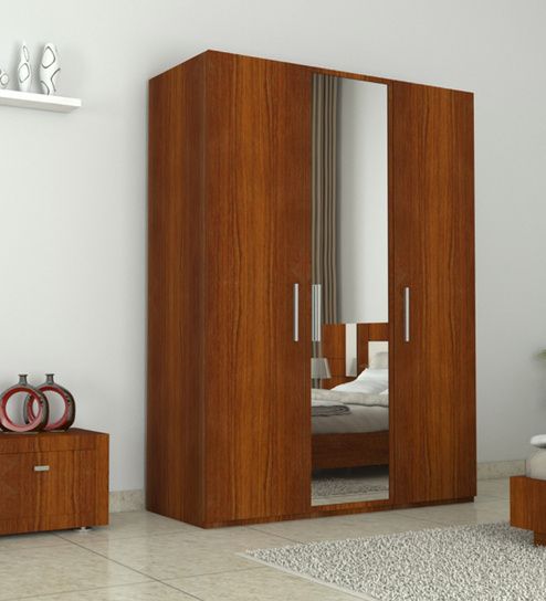 3 Doors Wardrobe With Mirror In Bird Cherry Finish | Rawat Furniture Inside 3 Door Mirrored Wardrobes (View 15 of 15)