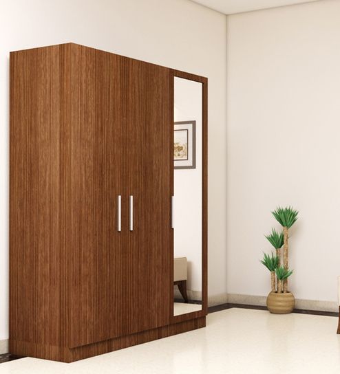3 Doors Wardrobe With Mirror In Viking Teak Finish | Rawat Funiture Intended For Three Door Wardrobes With Mirror (View 5 of 15)