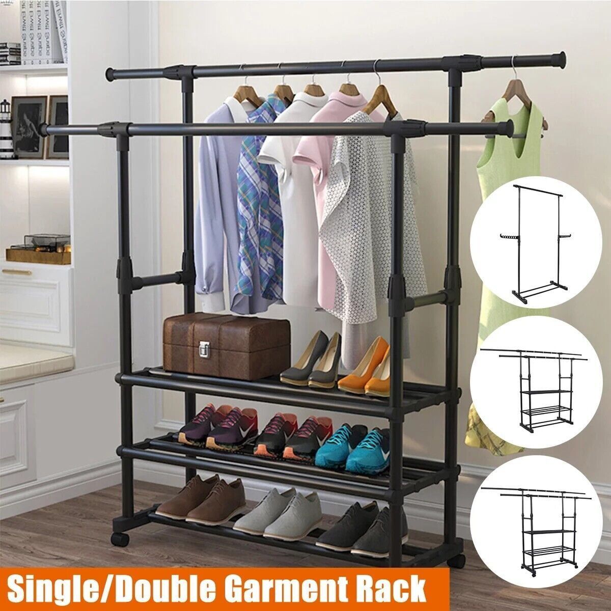3 Tiers Double Rails Hanging Garment Rack On Wheels With Bottom Shelves For  Shoes, Rolling Clothes Rack, Clothing Rack For Hanging Clothes, Black –  Walmart Throughout Double Up Wardrobes Rails (View 5 of 15)