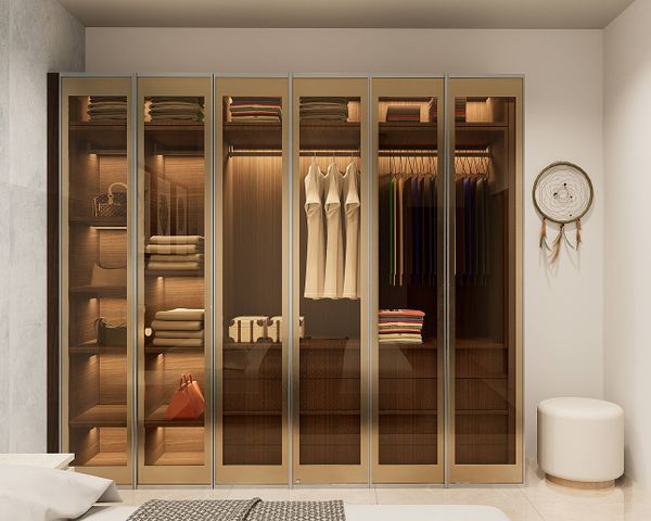 6 Door Swing Wardrobe Design With A Metallic Gold Finish | Livspace Throughout 6 Doors Wardrobes (View 6 of 15)