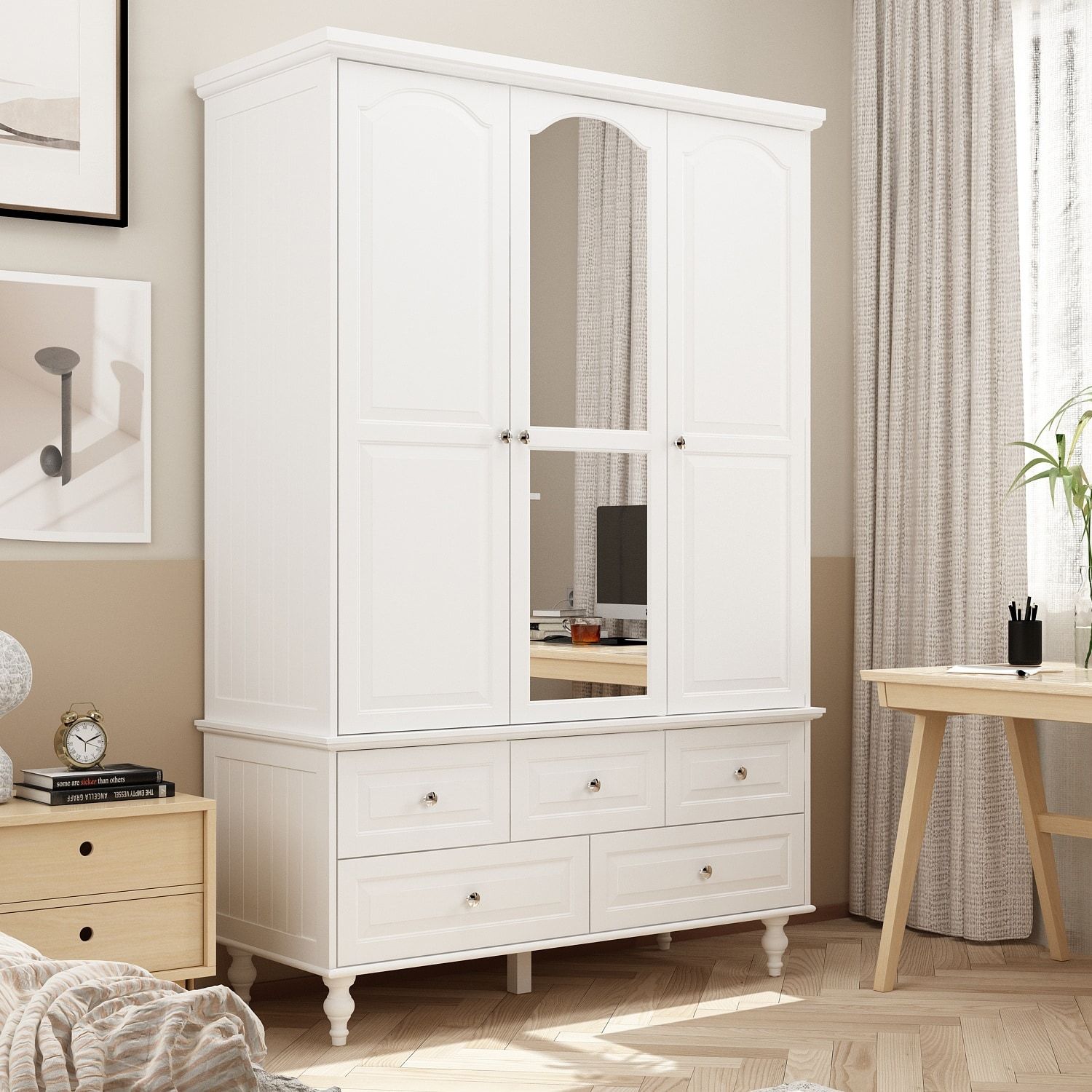 70.9"h White Lacquered Armoires Wardrobes With Mirror Doors – Bed Bath &  Beyond – 36679383 For Large White Wardrobes With Drawers (Photo 12 of 15)