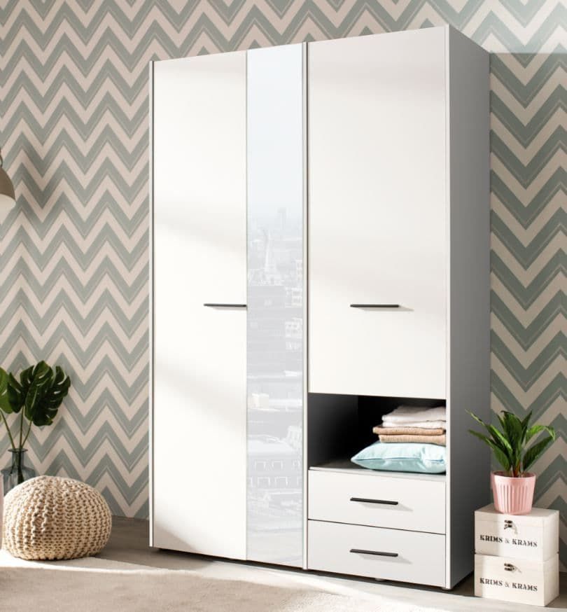 Althena 3 Door White Wardrobe With Drawers And Mirror In 3 Door White Wardrobes With Drawers (View 2 of 15)