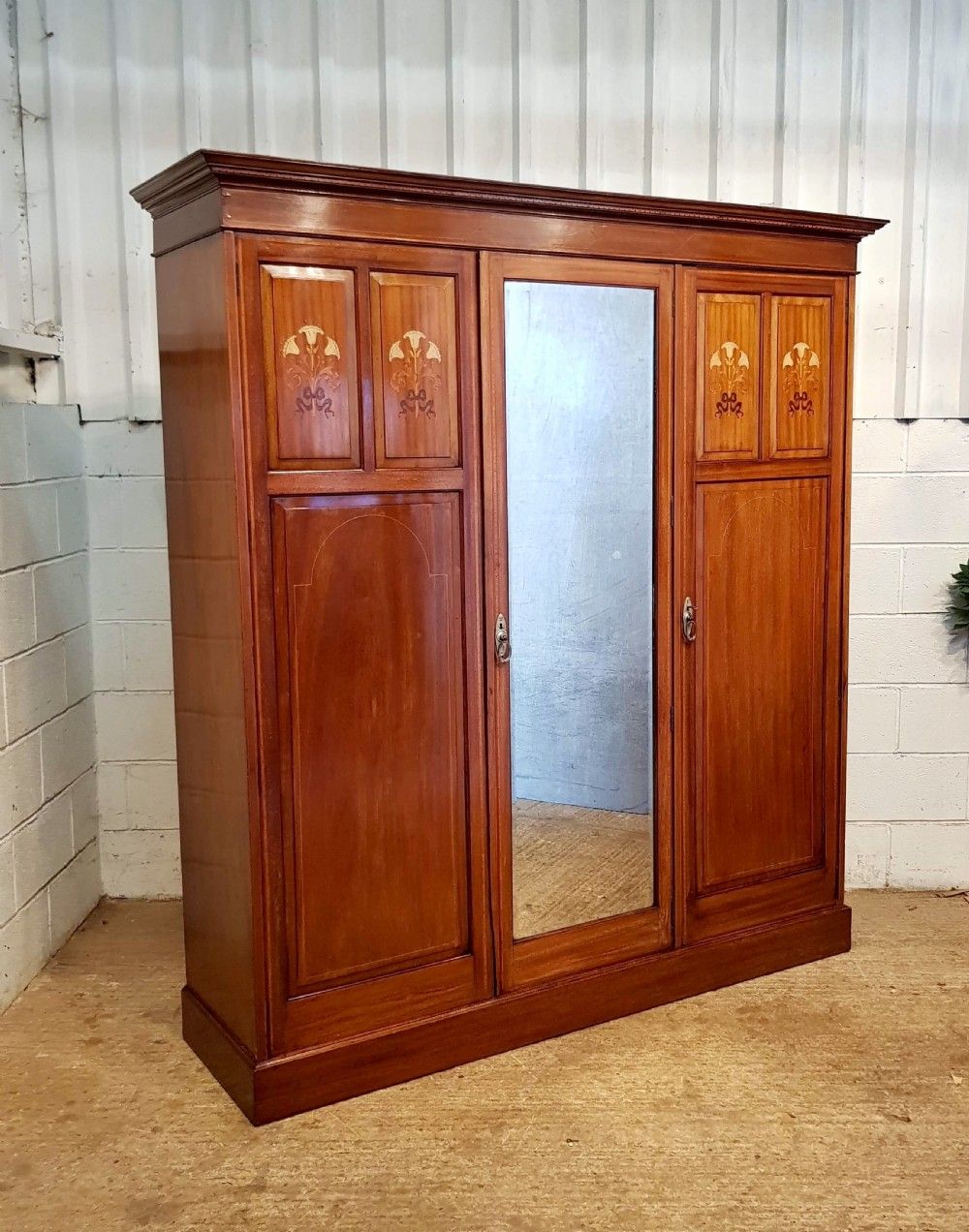 Antique Arts & Crafts Mahogany Inlaid Triple Wardrobe C1900 | 573819 |  Www.castleforgeantiques.co.uk With Regard To Antique Triple Wardrobes (Photo 4 of 15)