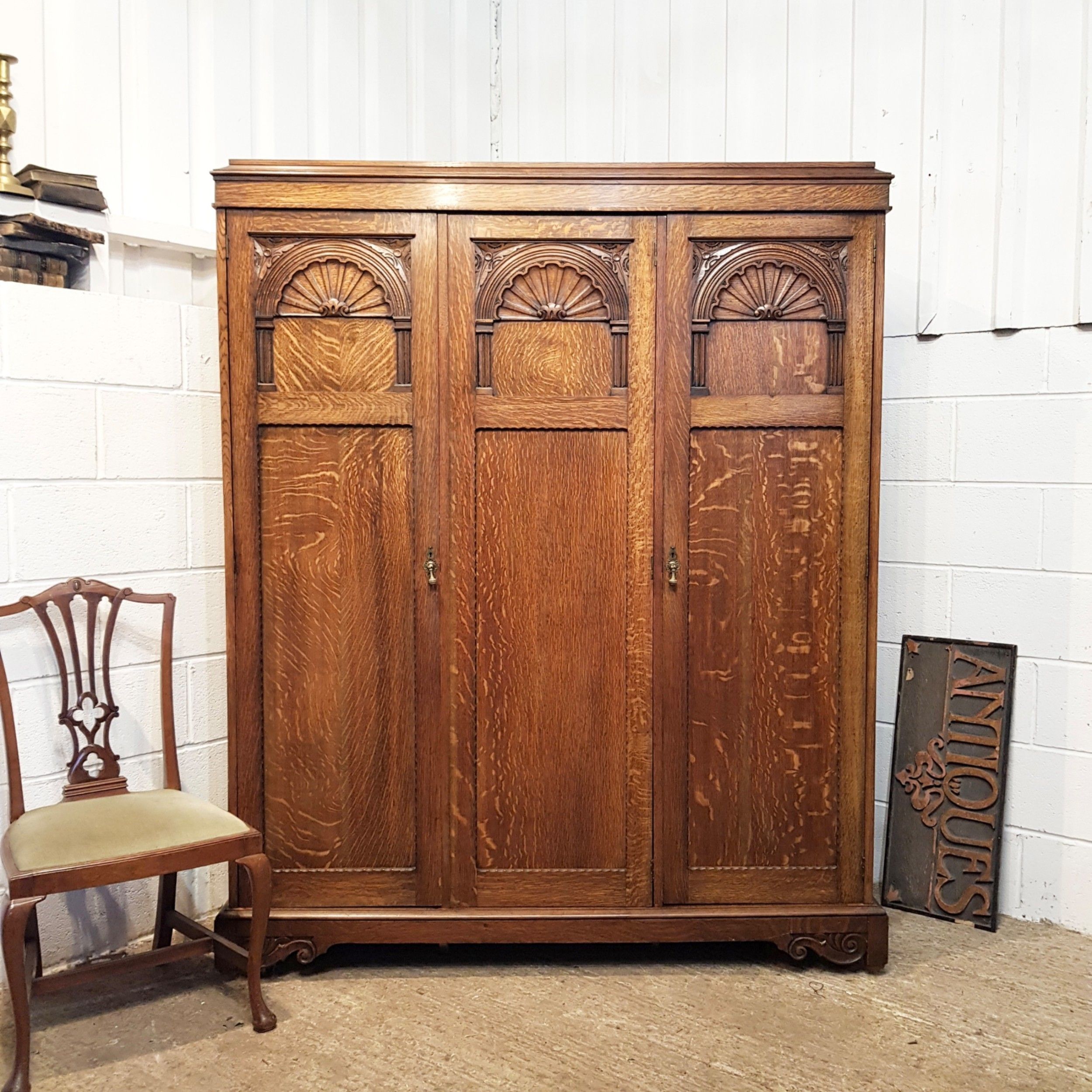 Antique Carved Oak Small Triple Wardrobe C1920 | 1003309 |  Sellingantiques.co.uk Regarding Antique Triple Wardrobes (Photo 11 of 15)