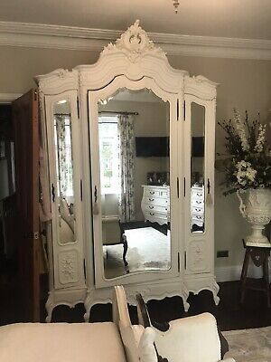Antique Large French Louis Style Armoire Wardrobe With 3 Mirrored Doors |  Ebay Inside French Armoires And Wardrobes (Photo 13 of 15)