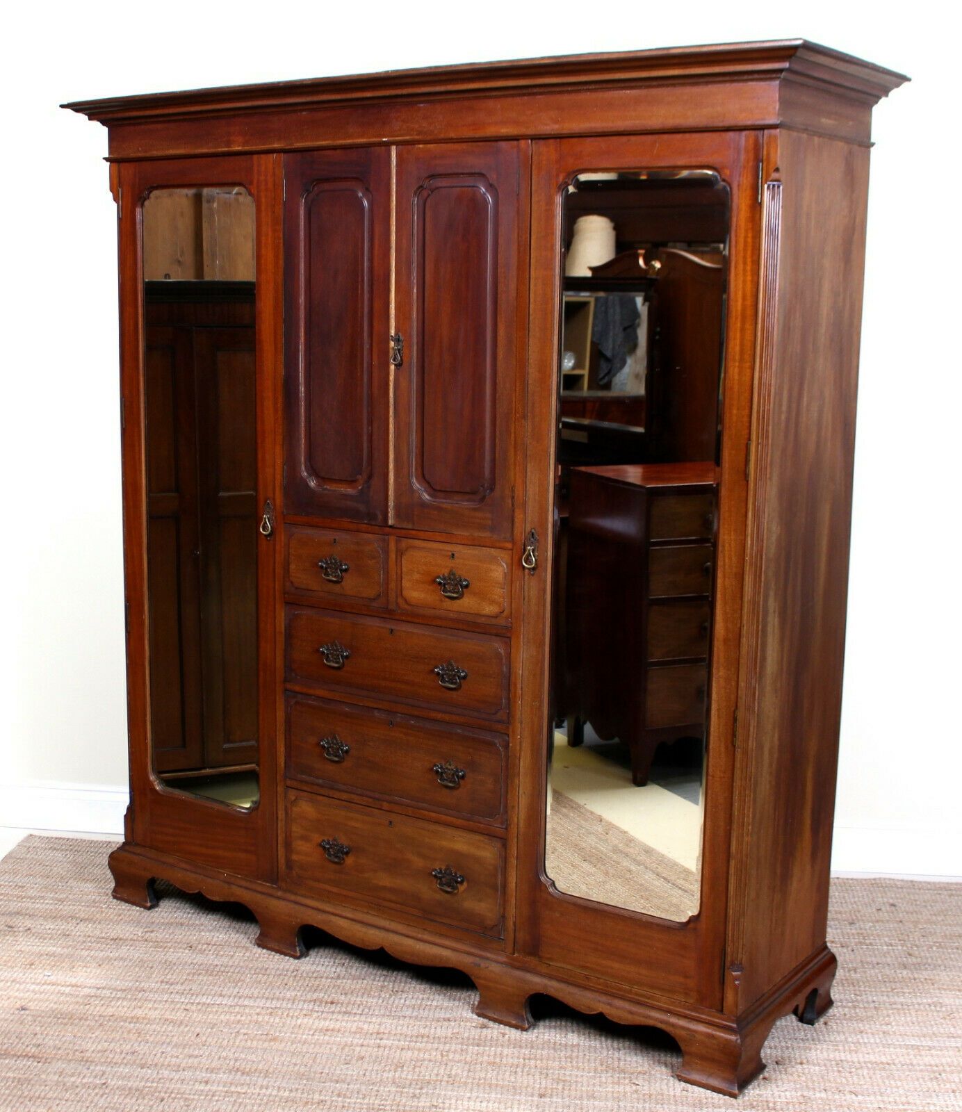 Antique Wardrobe Triple Compactum Mahogany Mirrored – Harper Baxter Throughout Antique Triple Wardrobes (View 7 of 15)