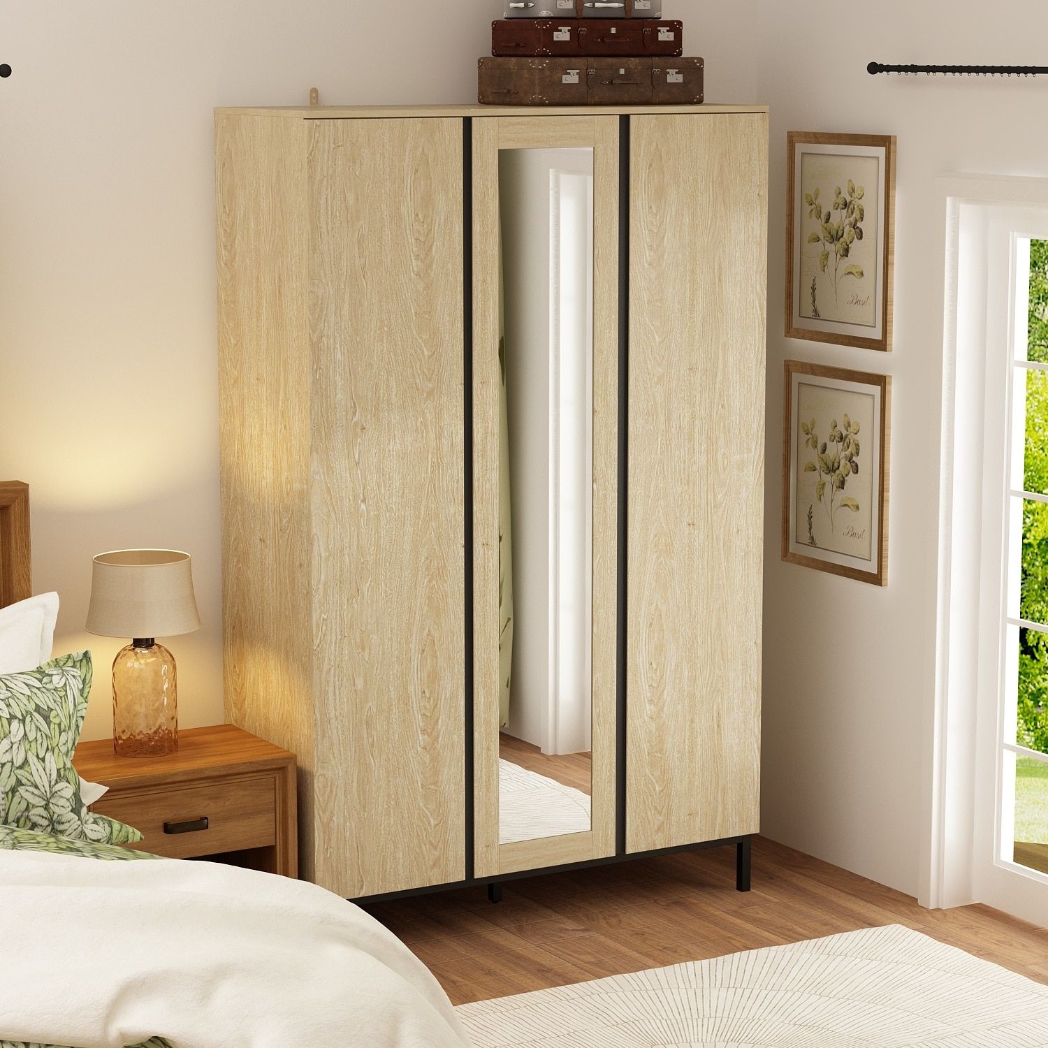 Armoire Wardrobes With Mirror Doors Closet Hanging Wood Finish 3 Doors –  Bed Bath & Beyond – 37250843 In 3 Doors Wardrobes With Mirror (View 14 of 15)