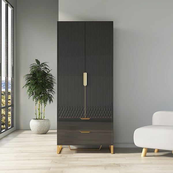 Aro Modern Black Tall Wardrobe With Storage Bedroom Clothing Armoire |  Homary In Black Wood Wardrobes (View 5 of 15)
