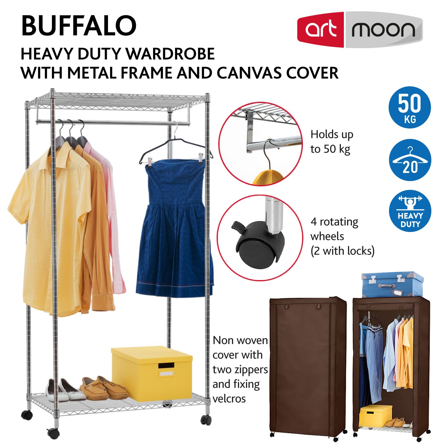 Art Moon Buffalo Brown Heavy Duty Double Rod Clothes Rail On Wheels With 2  Storage Shelves Fabric Cover – Tatkraft With Regard To Heavy Duty Wardrobes (View 13 of 15)