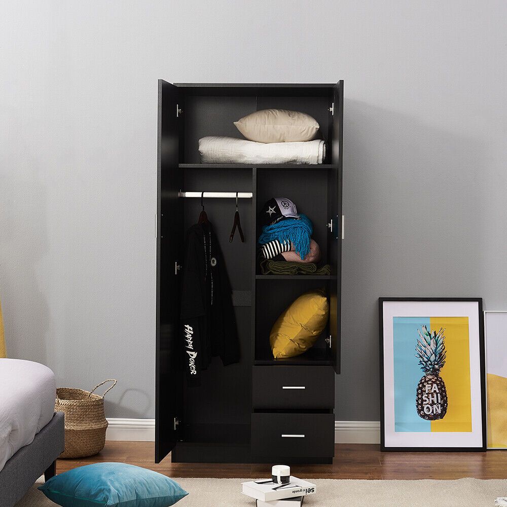 Bedroom Furniture 2 Door Wardrobe Matt Black Storage With Shelf Hanging  Rail Uk | Ebay Regarding Black Single Door Wardrobes (View 11 of 15)