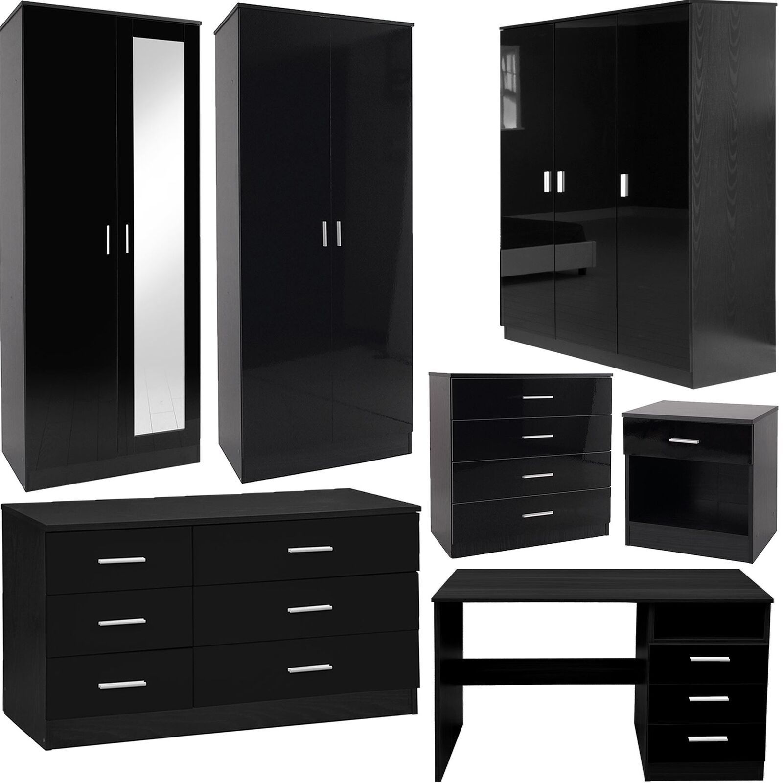 Bedroom Furniture 3 Piece Set Black Gloss Wardrobe Drawer Bedside Chest  Table | Ebay For Black Wardrobes With Drawers (View 9 of 15)