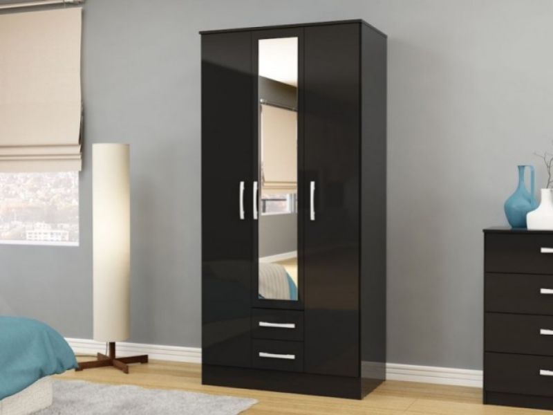 Birlea Lynx Black With Black Gloss 3 Door 2 Drawer Wardrobe With Centre  Mirror Inside Black Wardrobes With Drawers (Photo 15 of 15)