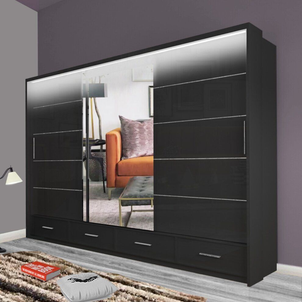Black, 255cm) Sycyila High Gloss And Mirror Sliding Bedroom Wardrobes On  Onbuy Intended For Gloss Black Wardrobes (View 7 of 15)