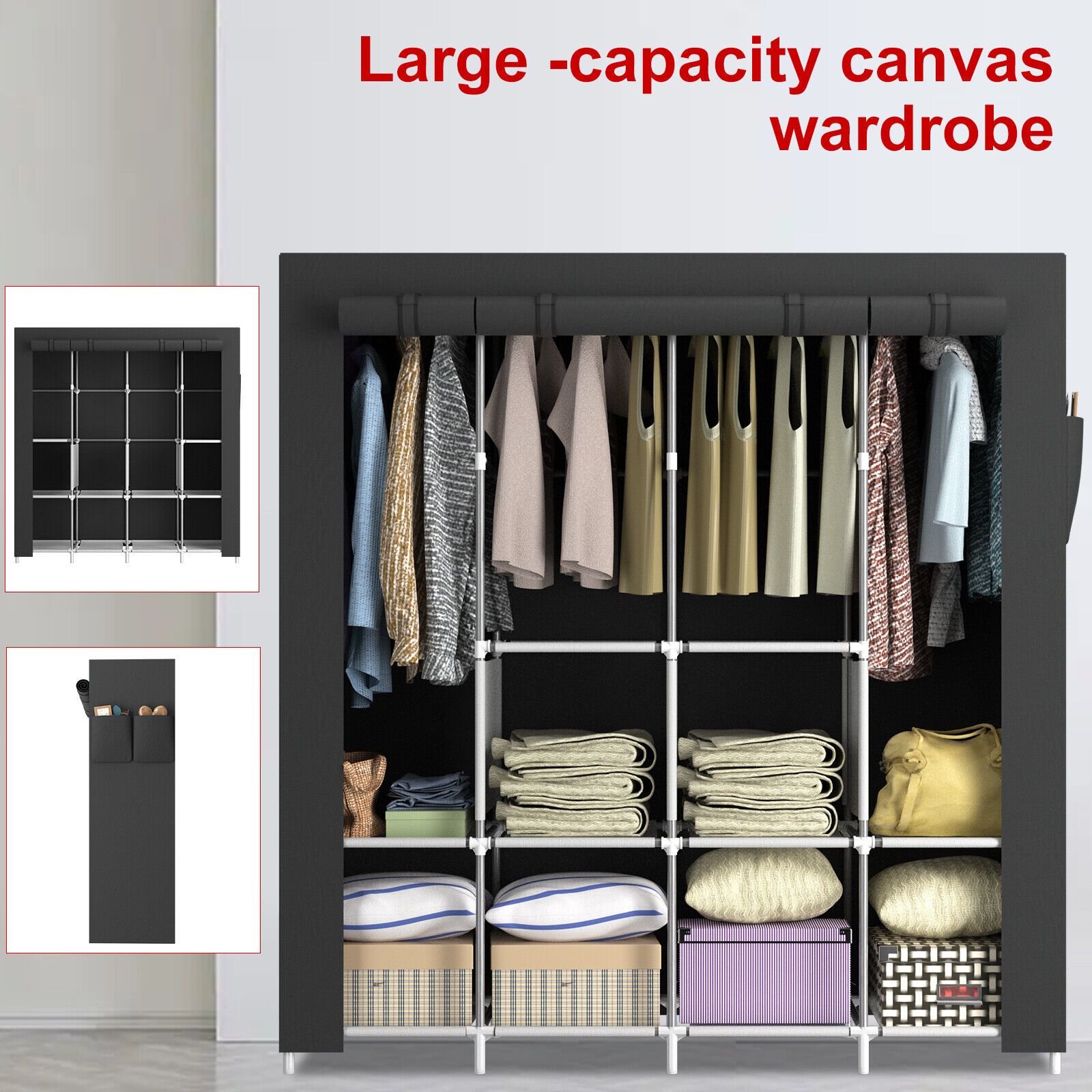 Black Canvas Fabric Wardrobe W/ Drawers & Hanging Rail Clothes Storage  Cupboard | Ebay Within Rail Clothes Storage Cupboard Wardrobes (Photo 1 of 15)