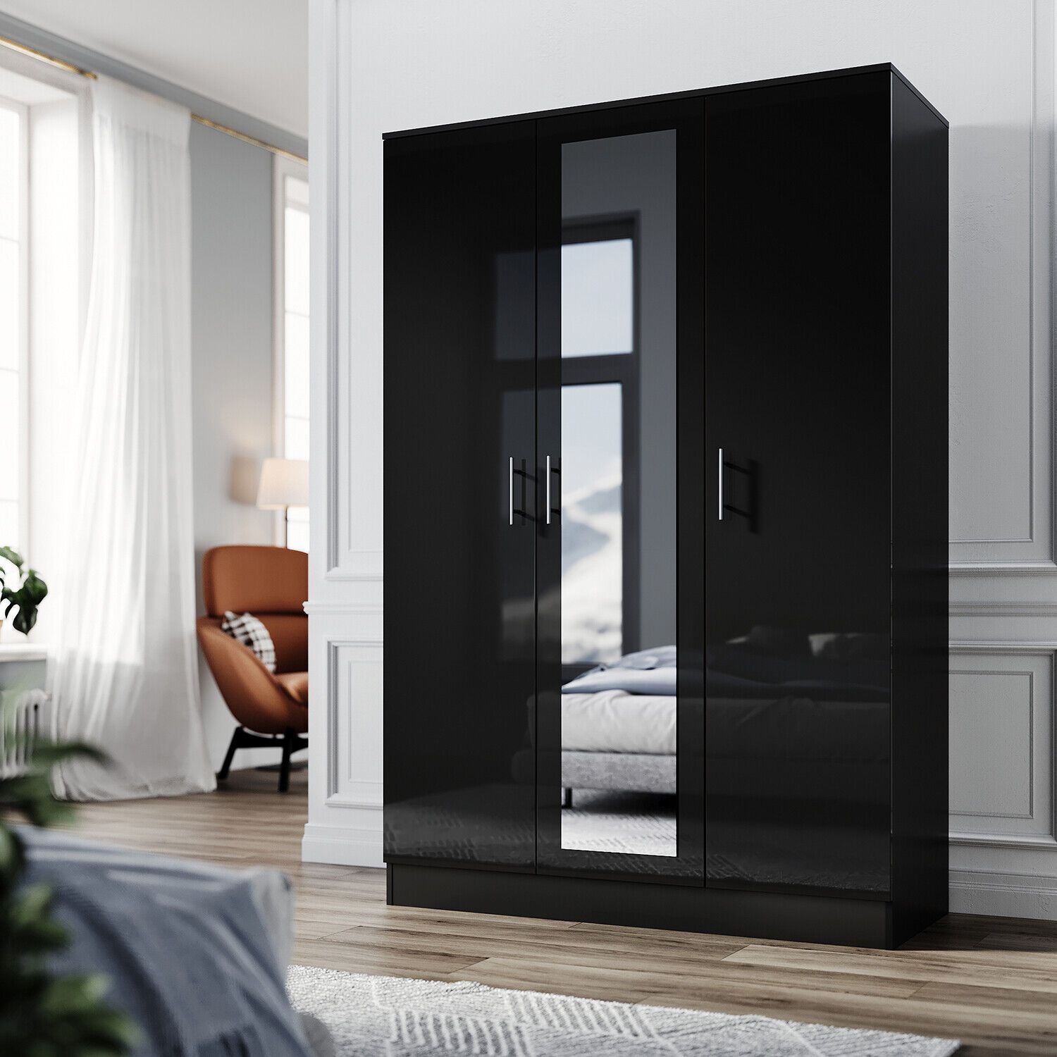 Black Gloss 3 Door Triple Mirrored Wardrobe With Hanging Rail & Shelves  Bedroom | Ebay For Black Gloss 3 Door Wardrobes (Photo 13 of 15)