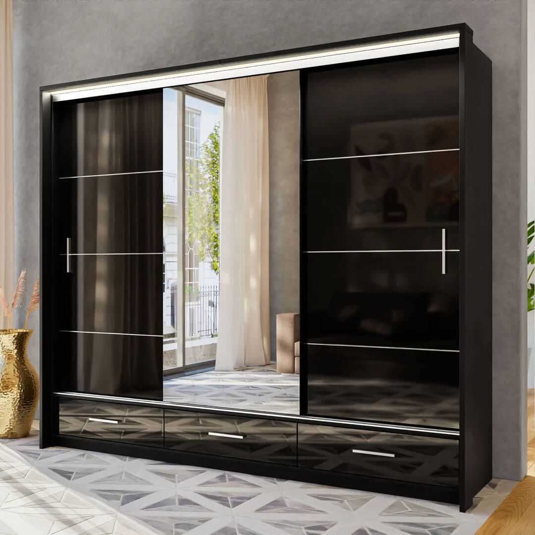 Black Gloss Wardrobe With 3 Mirror Sliding Doors  Marsylia 255cm In 3 Door Black Gloss Wardrobes (View 11 of 15)