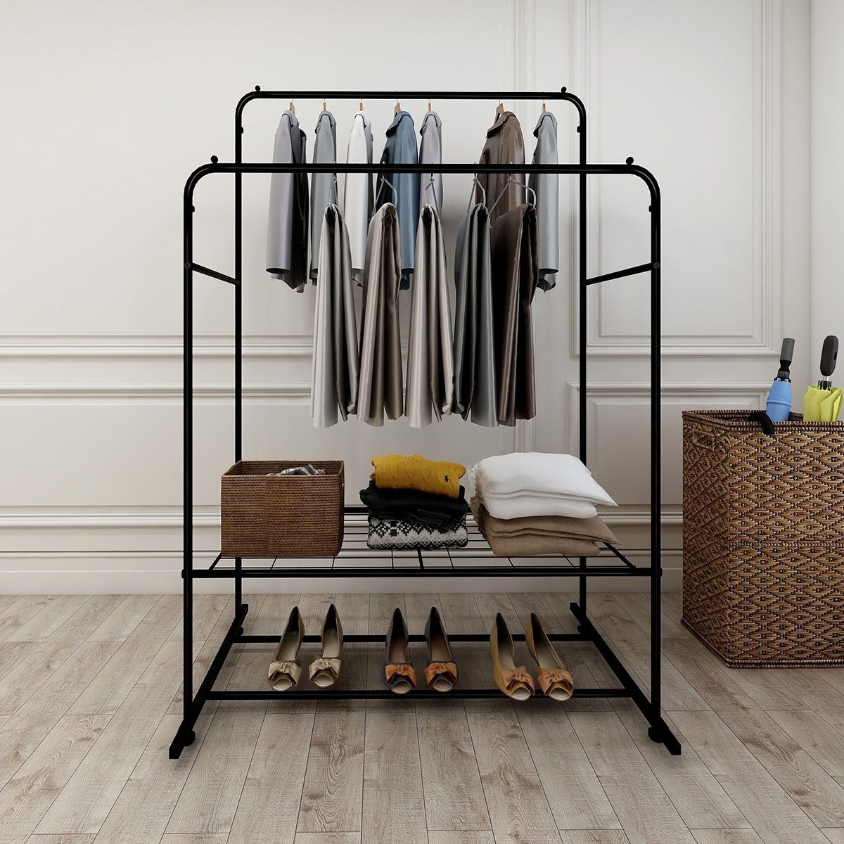 Black Metal Free Standing Closet Organizer Double Hanging Rod Clothes  Garment Racks – On Sale – Bed Bath & Beyond – 34841250 In Double Black Covered Tidy Rail Wardrobes (View 4 of 15)