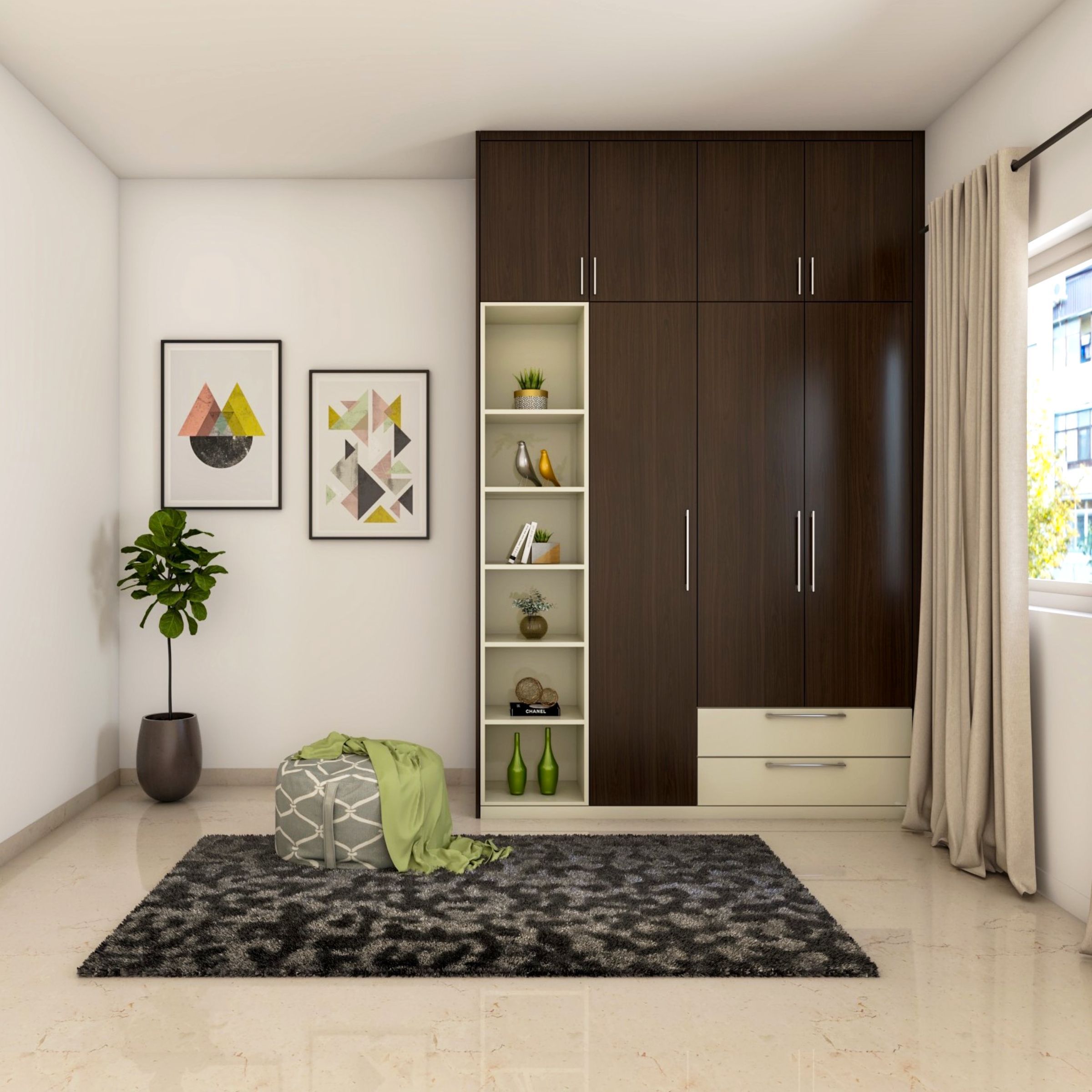 Brown And Cream Hinged Modern Wardrobe Design With Loft And Drawers |  Livspace Intended For Brown Wardrobes (View 3 of 15)