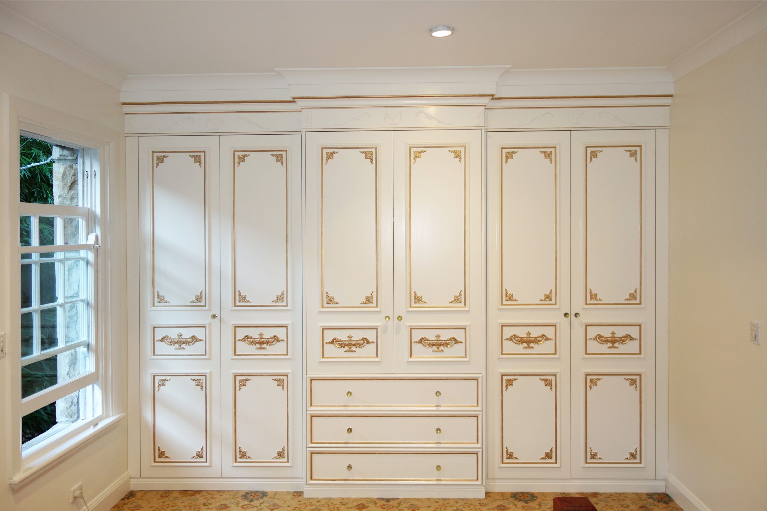 Built In Antique White Wardrobe With Gold Mouldings – Christophe Living In Antique White Wardrobes (View 15 of 15)